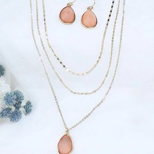 Gold Layered Pink Tear Drop Pendant & Matching Earrings
